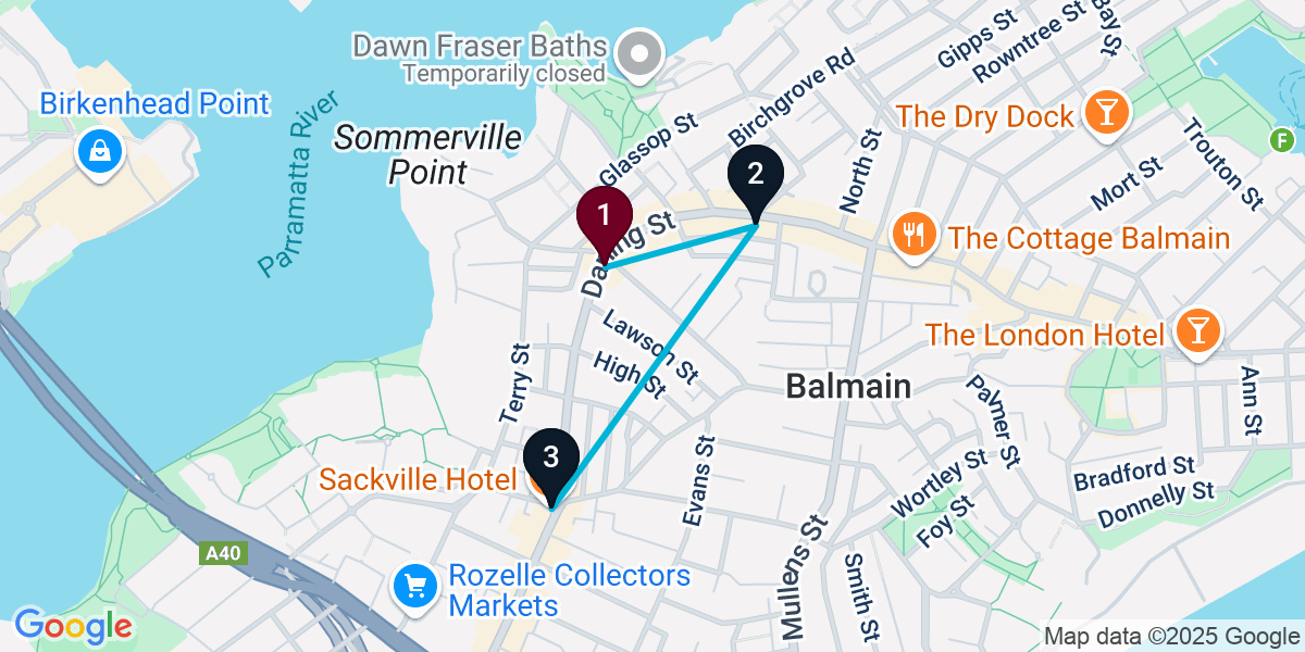Map for 3-Stop Balmain Cocktail Bar Crawl