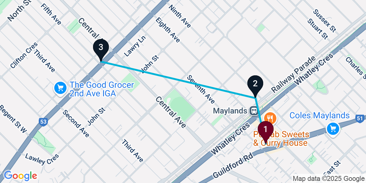 Map for 3-Stop Maylands Pub Bar Crawl
