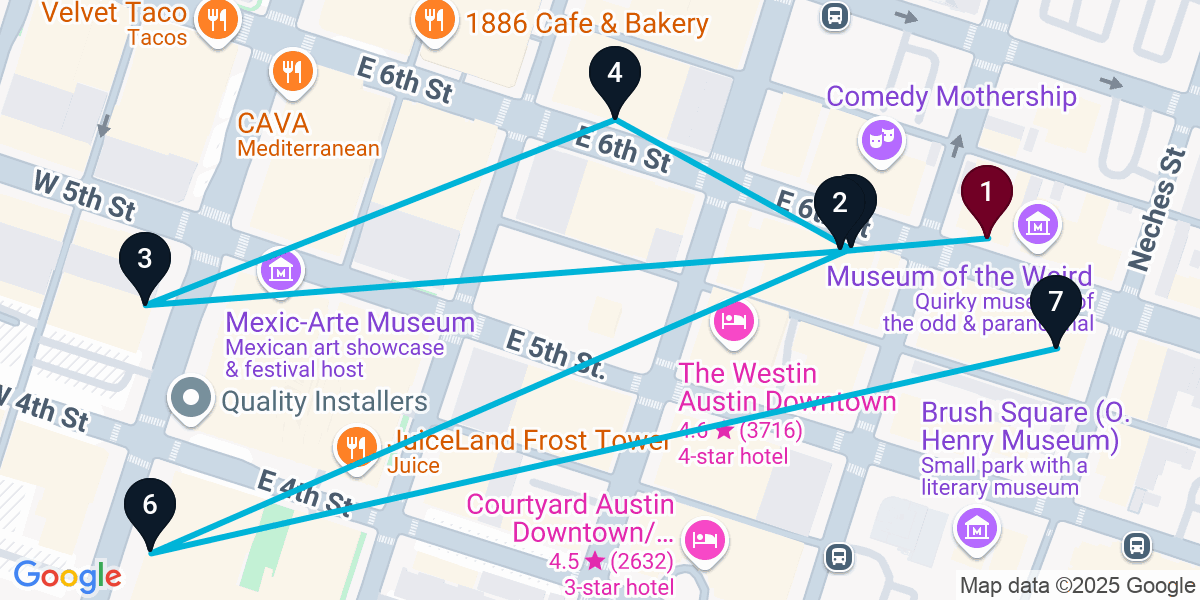 Map for 7-Stop Austin Live music Bar Crawl