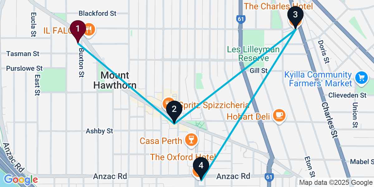 Map for 4-Stop Mount Hawthorn Pub Bar Crawl