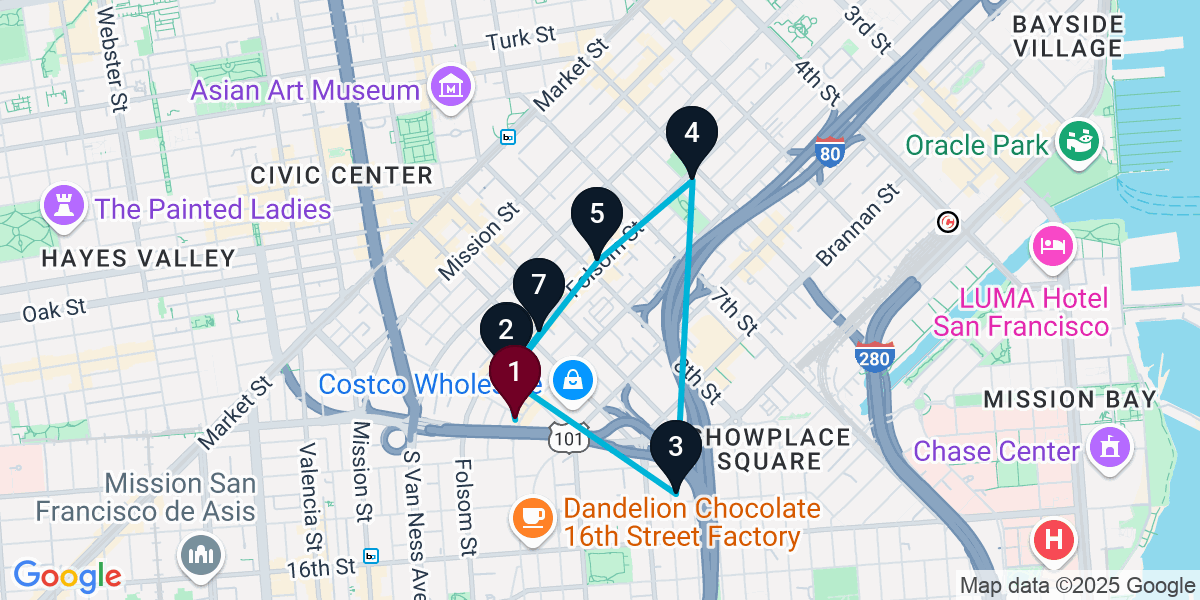 Map for 7-Stop San Francisco Nightclub Bar Crawl