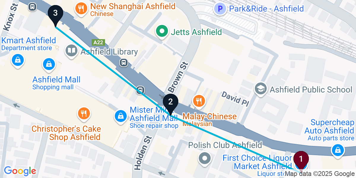 Map for 3-Stop Ashfield Pub Bar Crawl