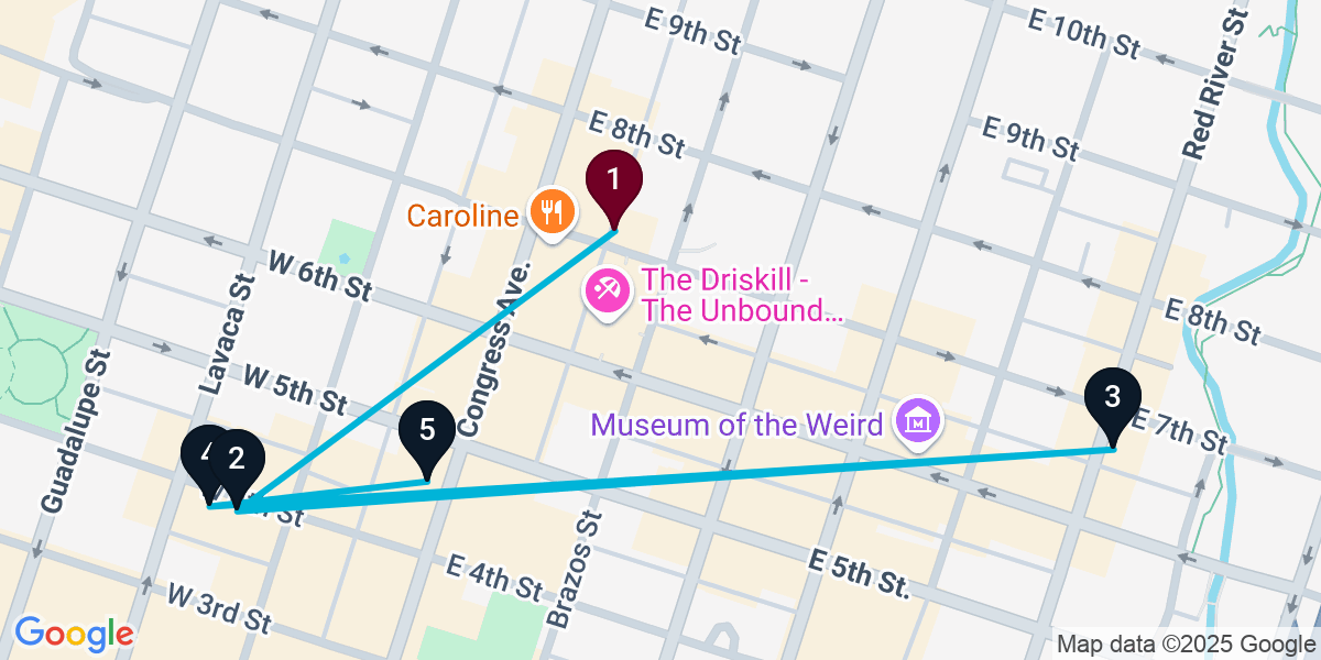 Map for 5-Stop Austin Nightclub Bar Crawl