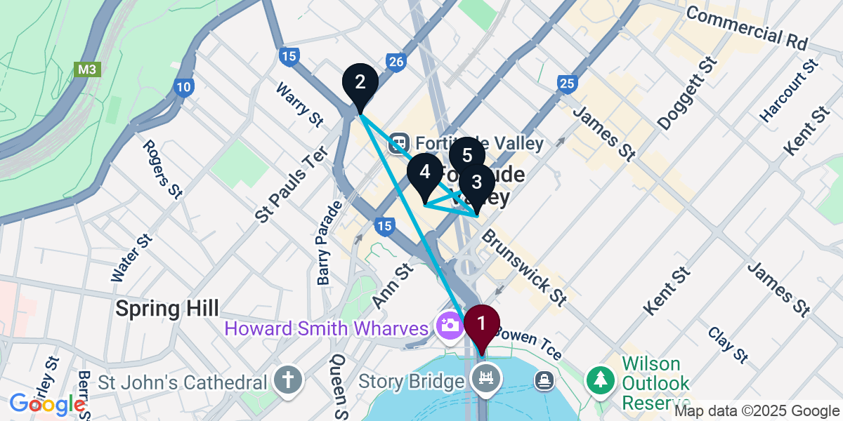 Map for Extended Brisbane City Bar Crawl