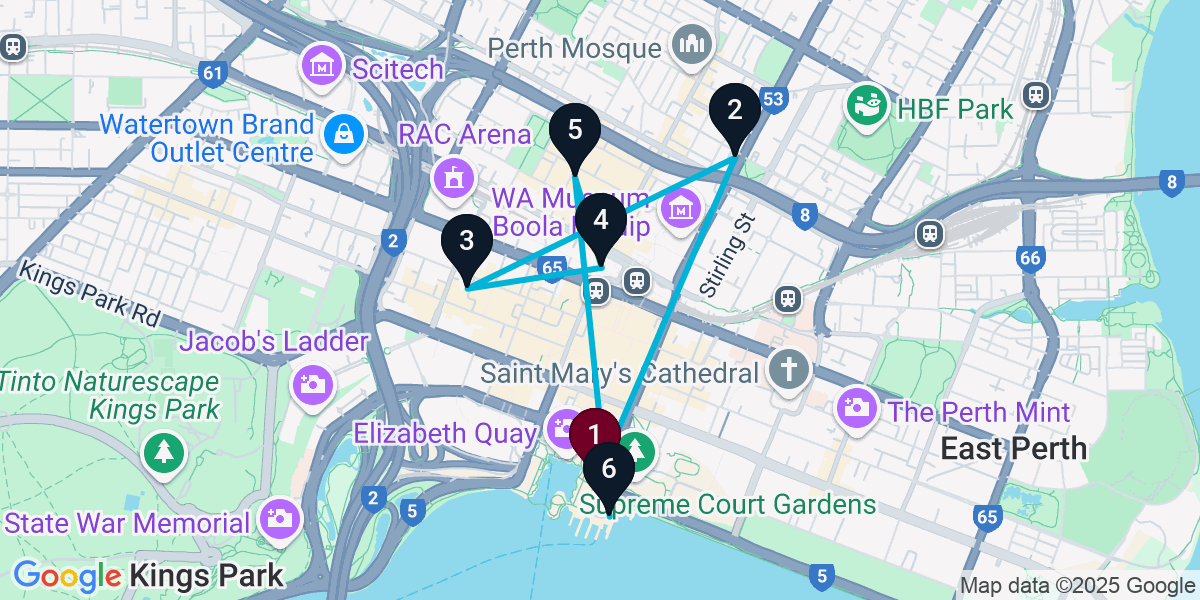 Map for 6-Stop Perth Cocktail Bar Crawl