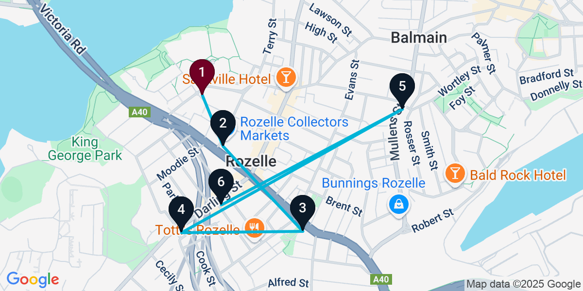 Map for 6-Stop Rozelle Live music Bar Crawl