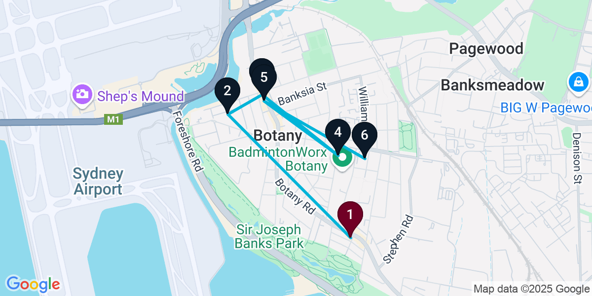 Map for 6-Stop Botany Bar Crawl
