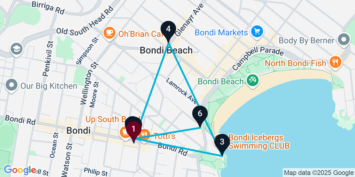 Map for 6-Stop Bondi Bar Crawl