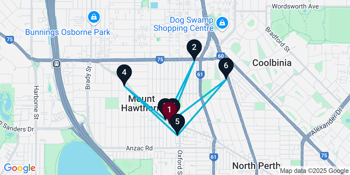 Map for 7-Stop Mount Hawthorn Bar Crawl