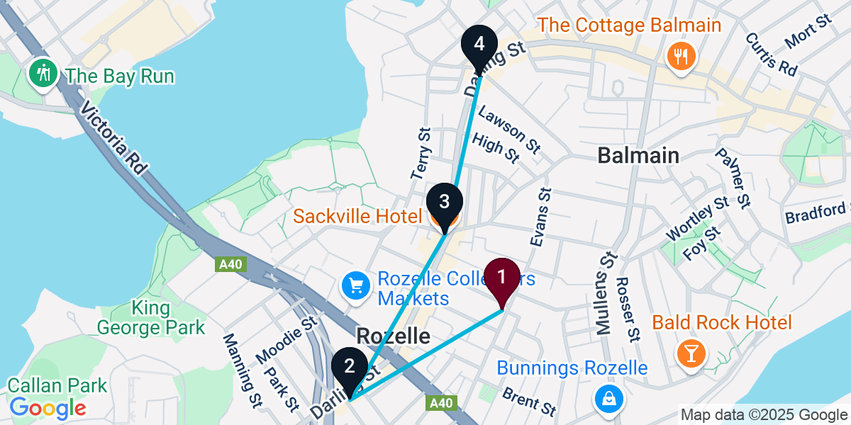 Map for 4-Stop Rozelle Pub Bar Crawl