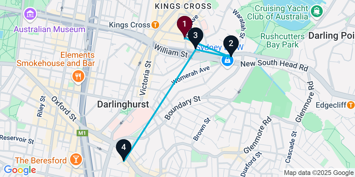 Map for 4-Stop Potts Point Wine bar Bar Crawl