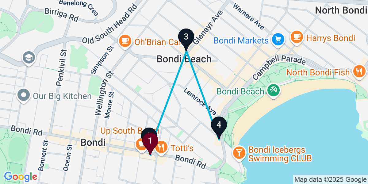 Map for 4-Stop Bondi Bar Crawl