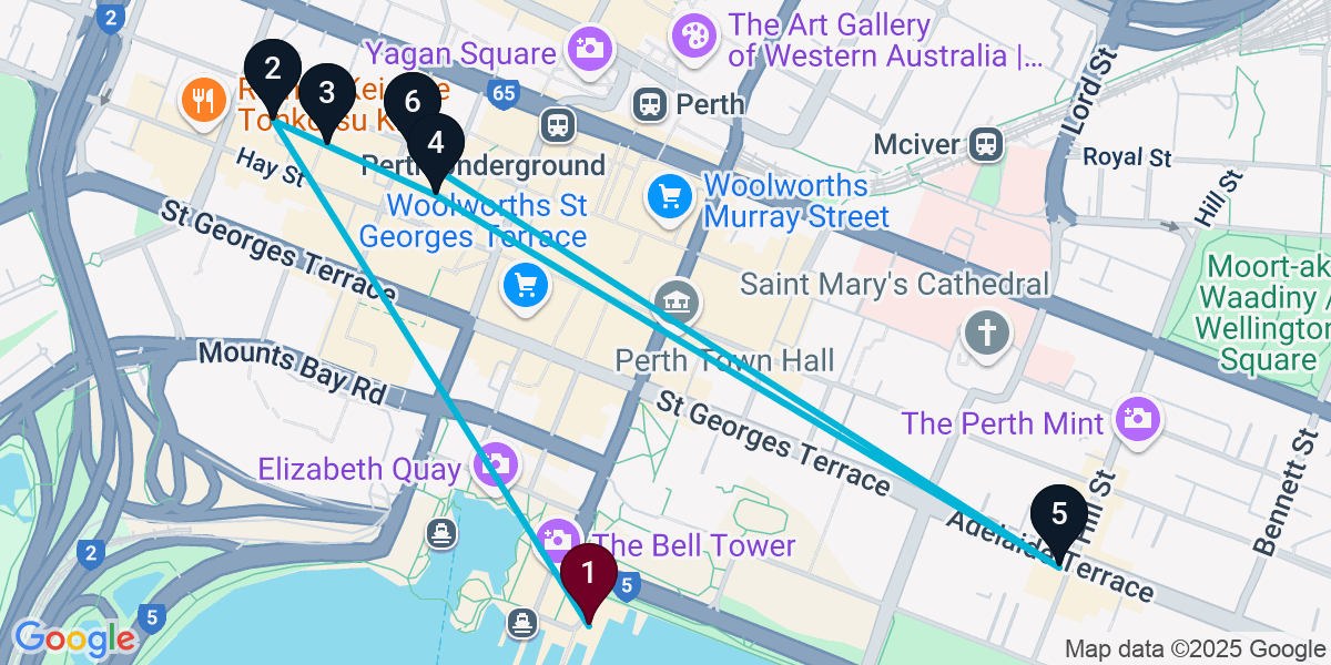 Map for 6-Stop Perth Pub Bar Crawl