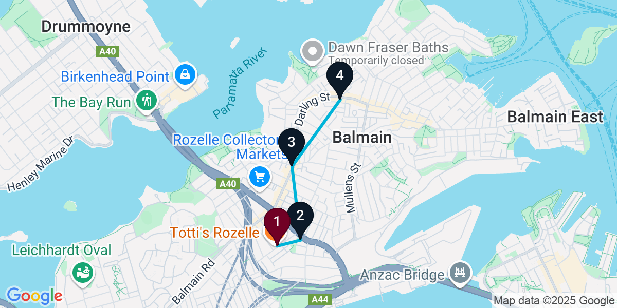 Map for 4-Stop Rozelle Bar Crawl