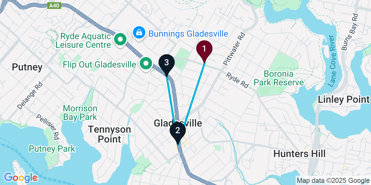Map for 3-Stop Gladesville Pub Bar Crawl