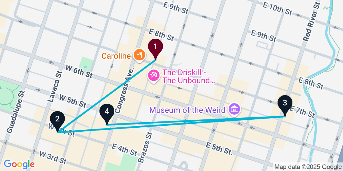 Map for 4-Stop Austin Nightclub Bar Crawl