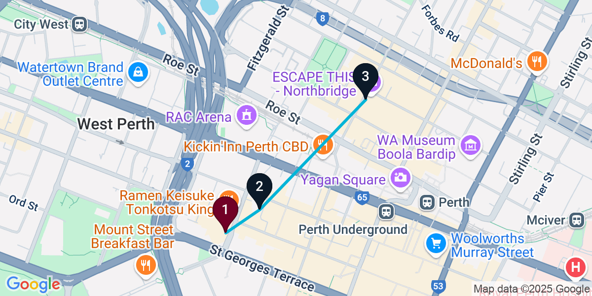 Map for 3-Stop Perth Cocktail Bar Crawl
