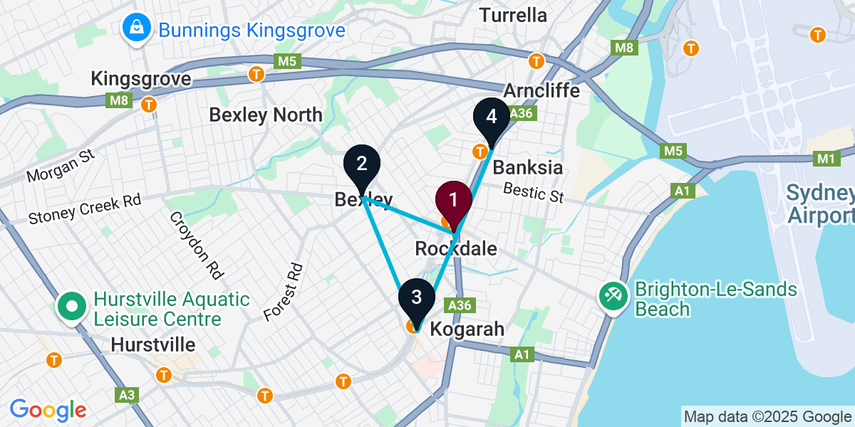 Map for 4-Stop Rockdale Bar Crawl