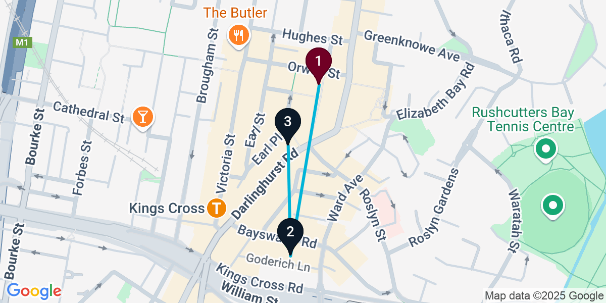 Map for 3-Stop Potts Point Rooftop Bar Crawl