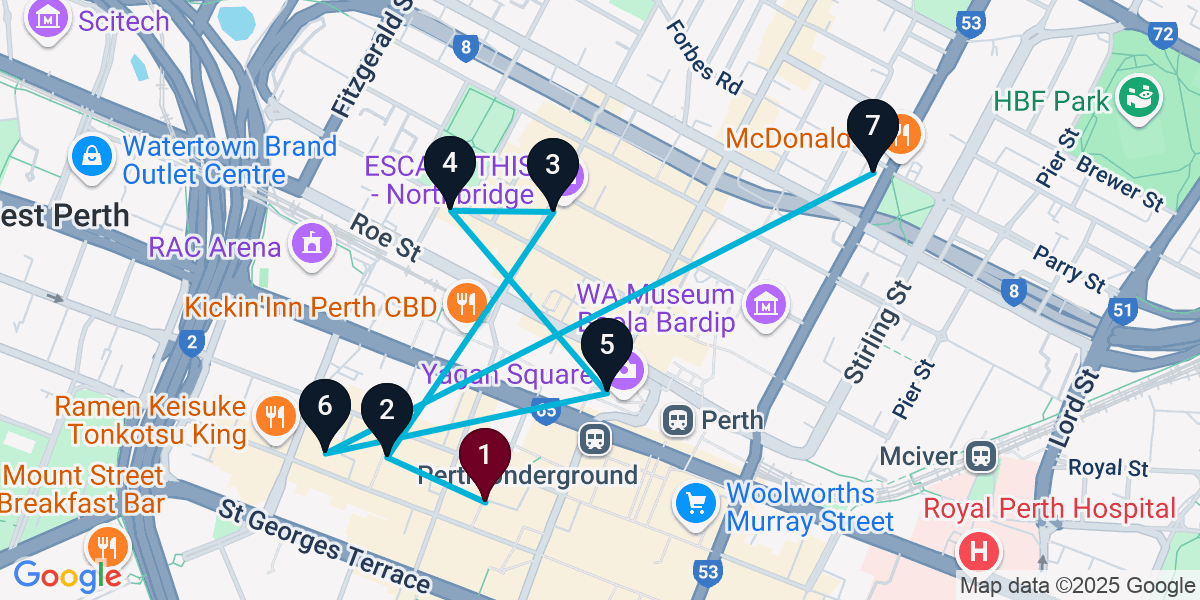Map for 7-Stop Perth Bar Crawl