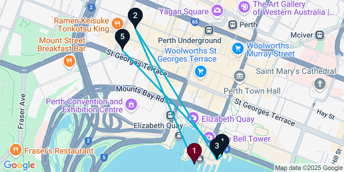 Map for 5-Stop Perth Rooftop Bar Crawl
