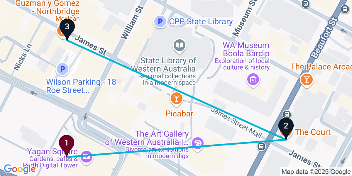 Map for 3-Stop Perth Nightclub Bar Crawl