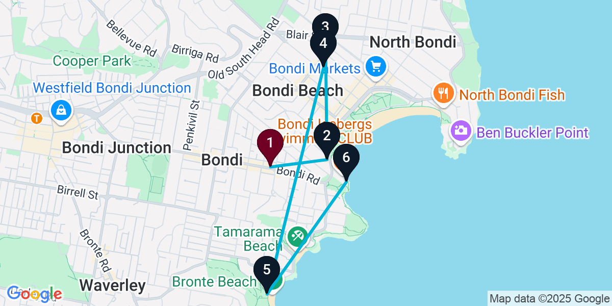Map for 6-Stop Bondi Beach bar Bar Crawl