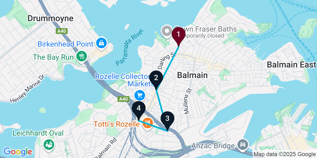 Map for 4-Stop Balmain Pub Bar Crawl