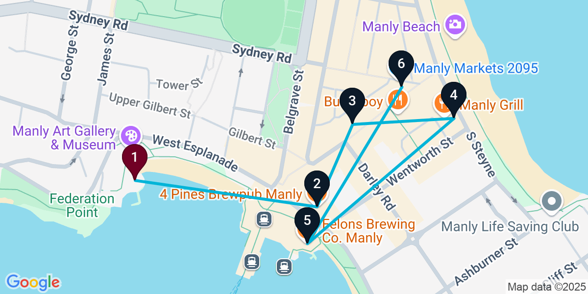 Map for 6-Stop Manly Pub Bar Crawl