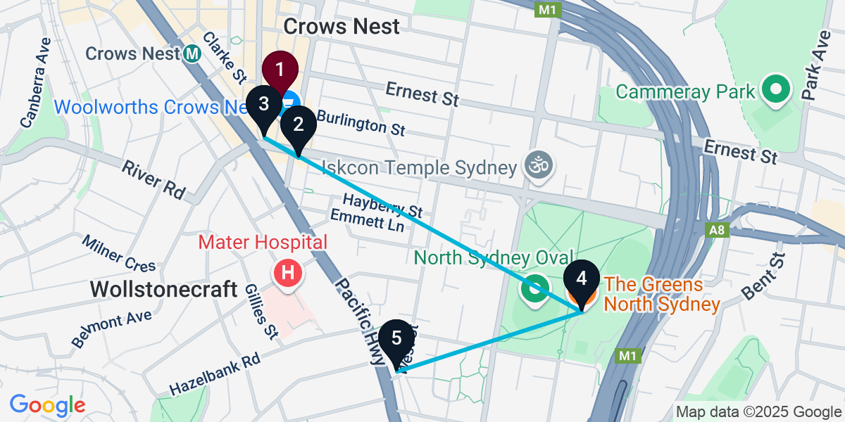 Map for 5-Stop Crows Nest Pub Bar Crawl