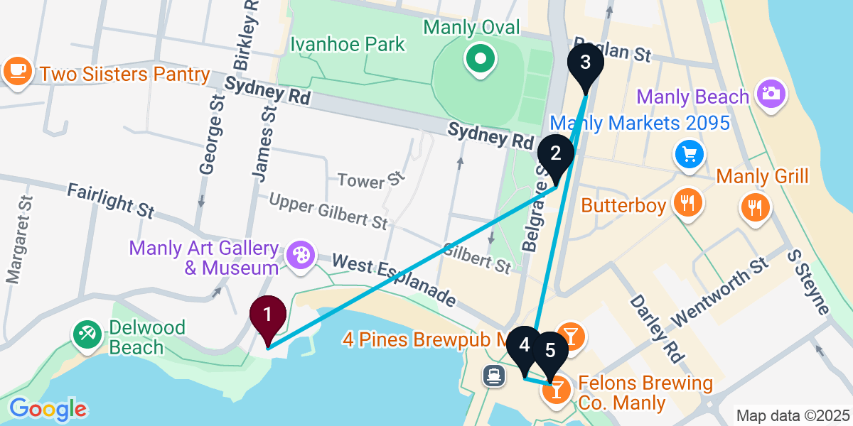 Map for 5-Stop Manly Bar Crawl
