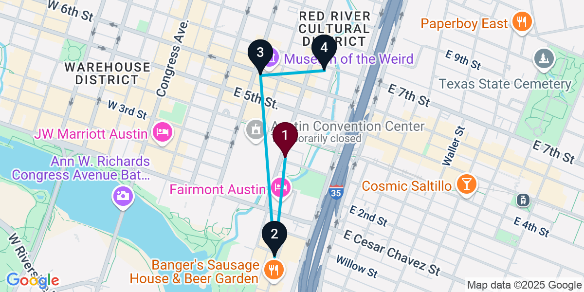 Map for 4-Stop Austin Cocktail Bar Crawl