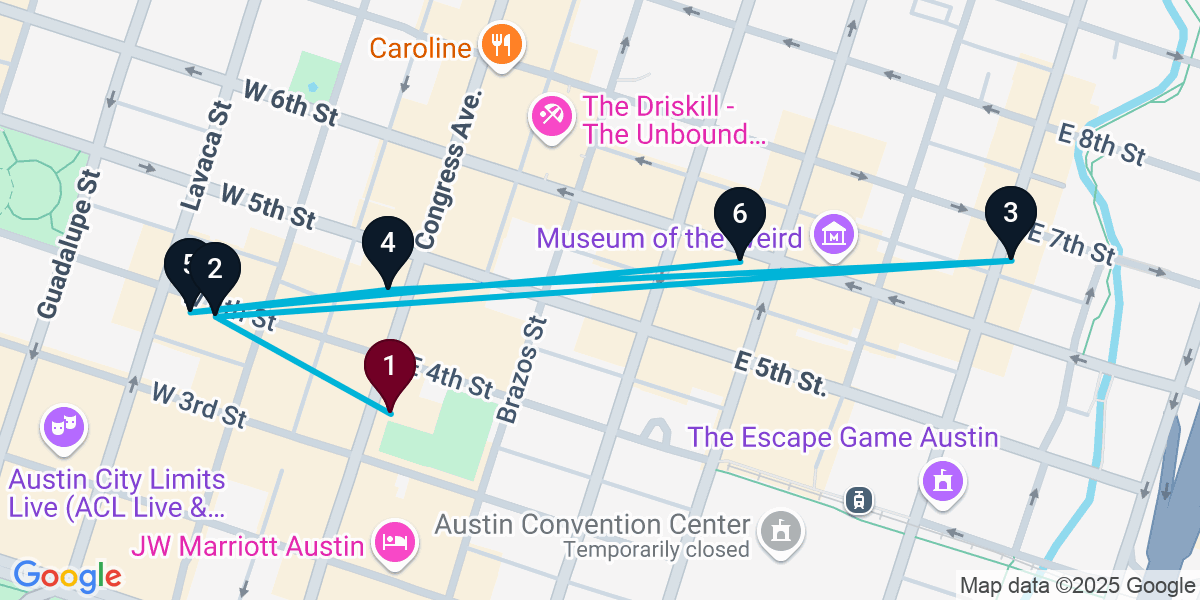Map for 6-Stop Austin Nightclub Bar Crawl