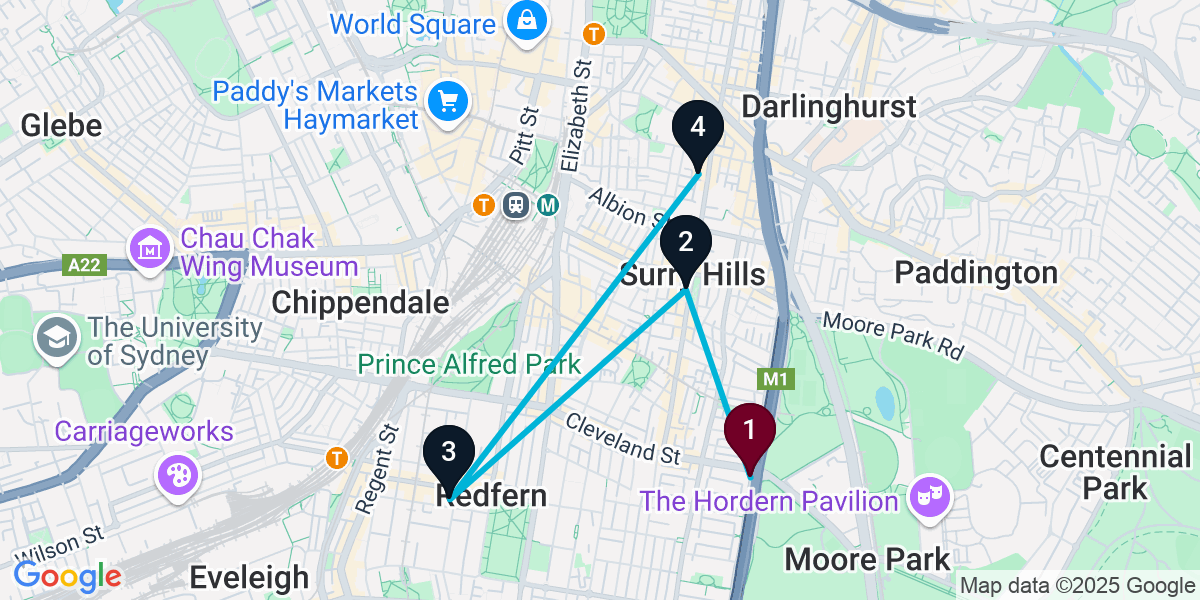 Map for 4-Stop Redfern Wine bar Bar Crawl