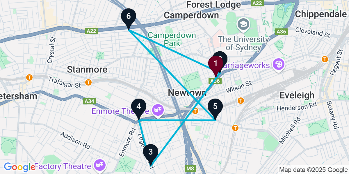 Map for 7-Stop Newtown Nightclub Bar Crawl