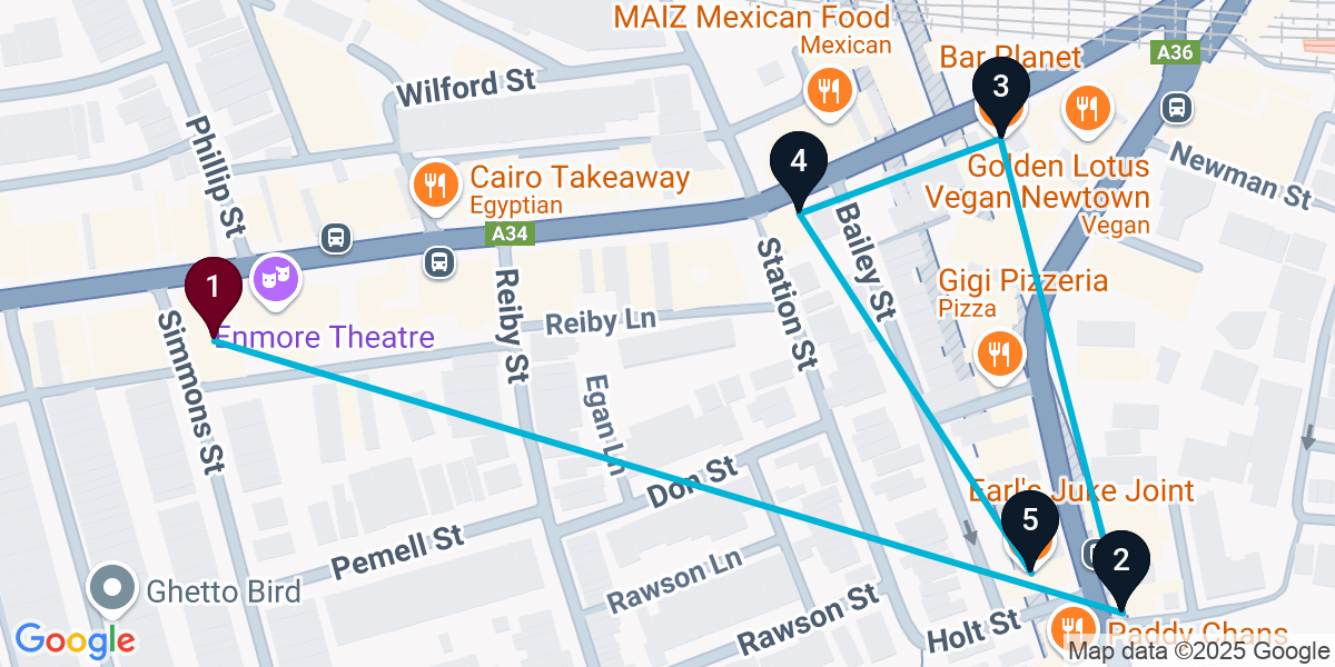 Map for 5-Stop Newtown Bar Crawl