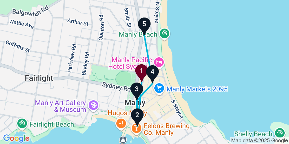 Map for 5-Stop Manly Cocktail Bar Crawl