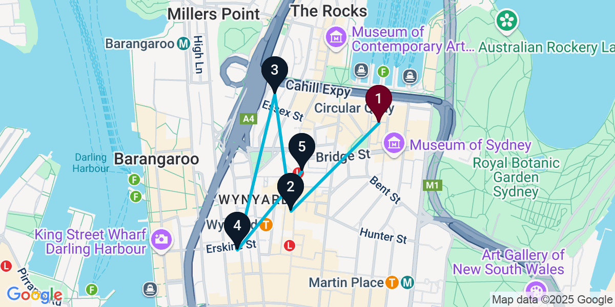 Map for 5-Stop Sydney Pub Bar Crawl
