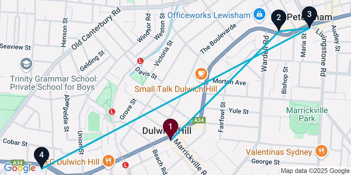 Map for 4-Stop Dulwich Hill Pub Bar Crawl