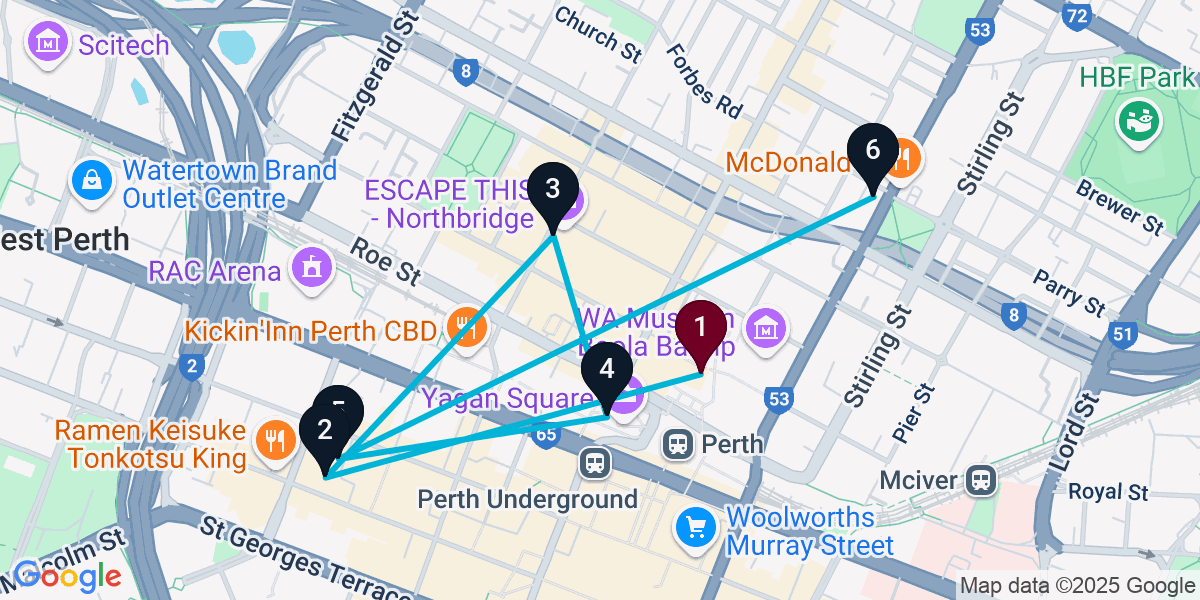 Map for 6-Stop Northbridge Cocktail Bar Crawl