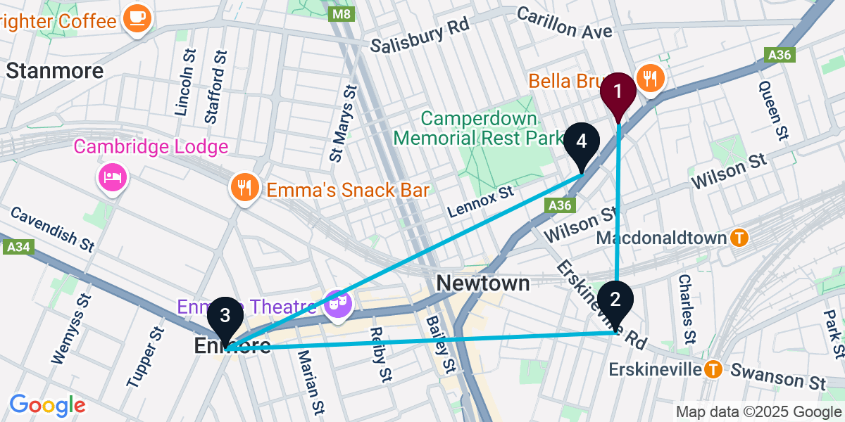 Map for 4-Stop Newtown Rooftop Bar Crawl