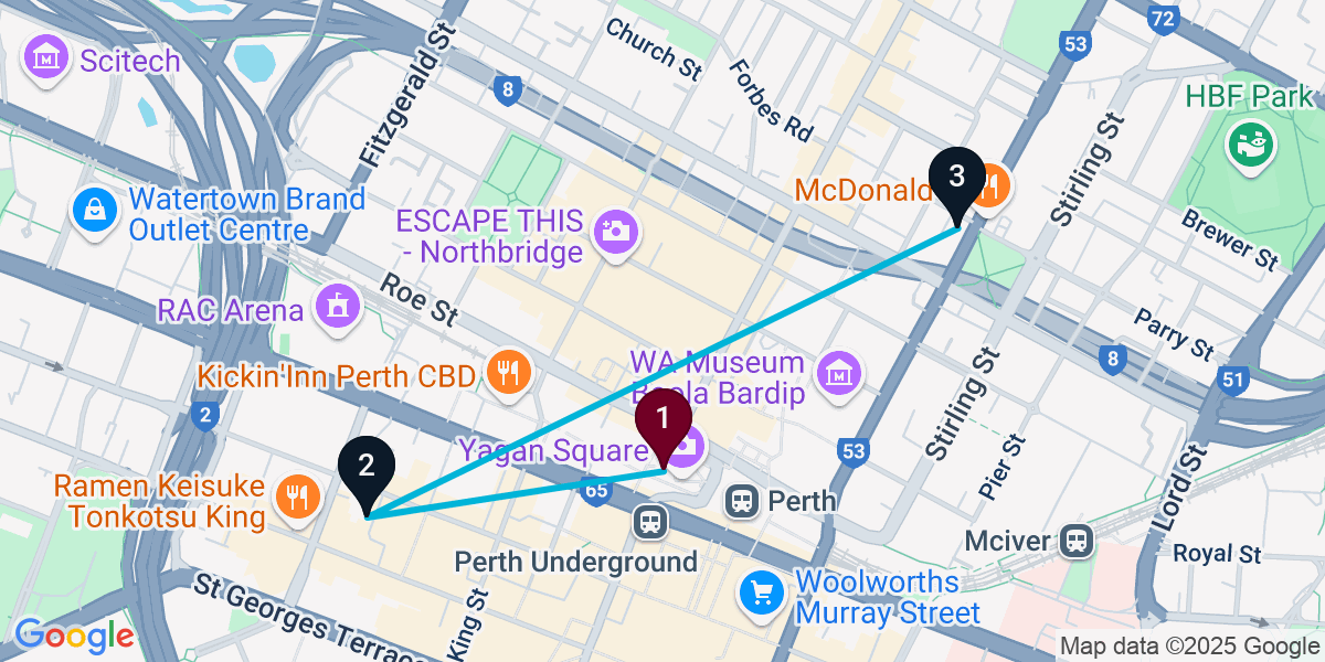 Map for 3-Stop Perth Cocktail Bar Crawl