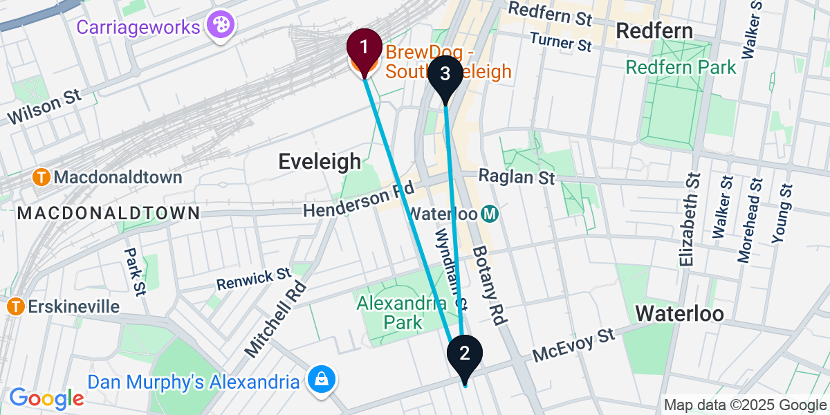 Map for 3-Stop Eveleigh Brewery Bar Crawl