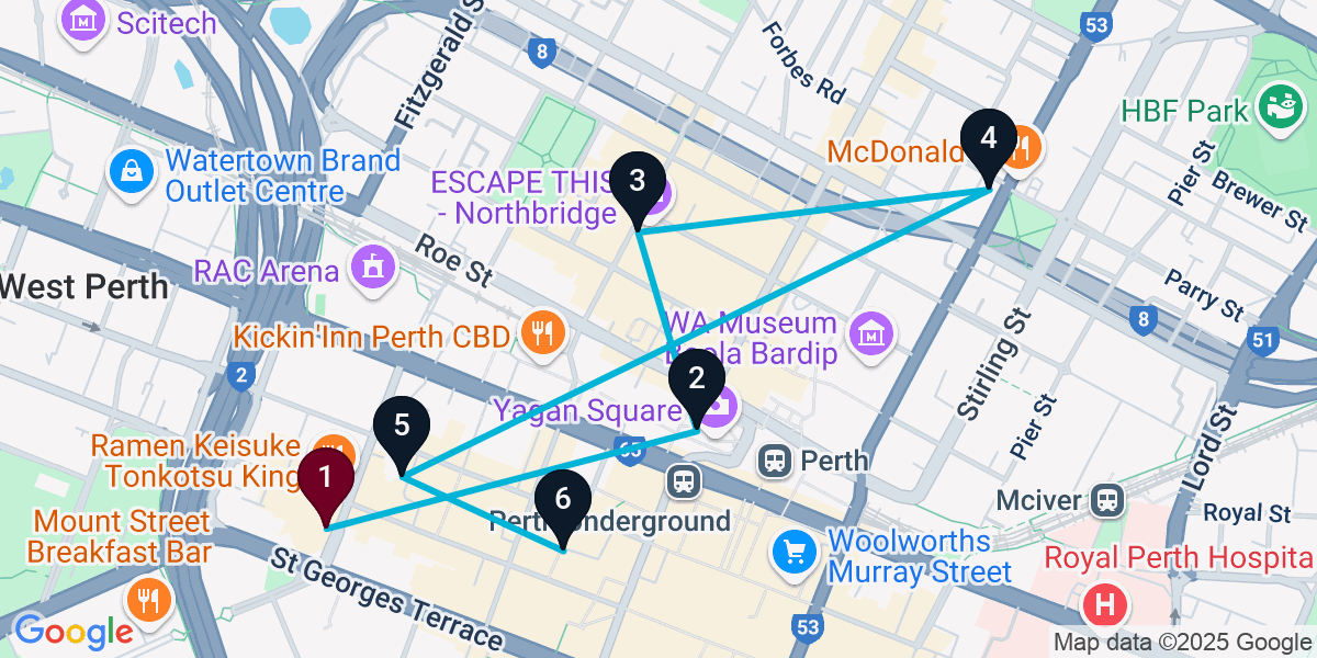 Map for 6-Stop Perth Cocktail Bar Crawl