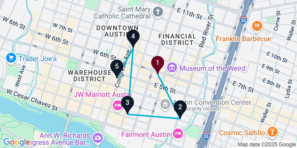 Map for 5-Stop Austin Cocktail Bar Crawl