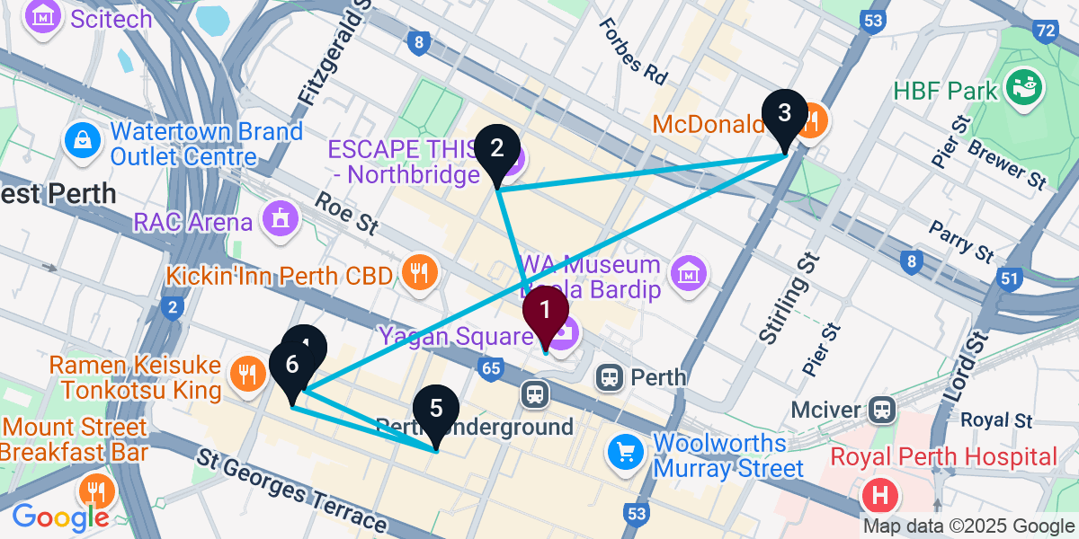 Map for 6-Stop Perth Cocktail Bar Crawl