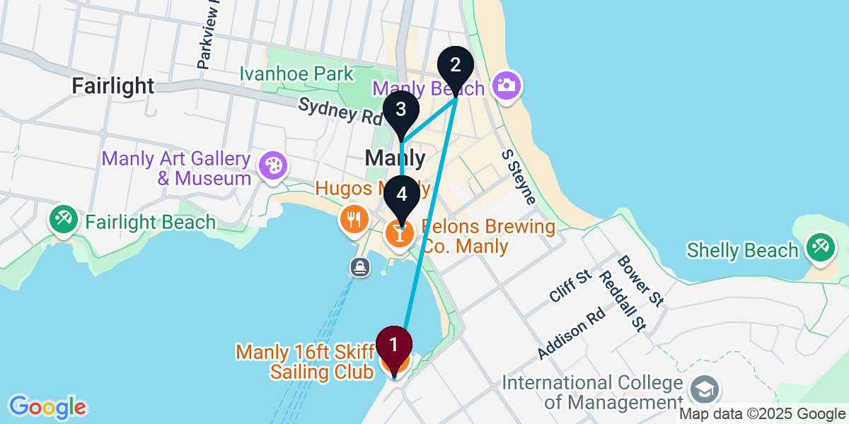Map for 4-Stop Manly Bar Crawl