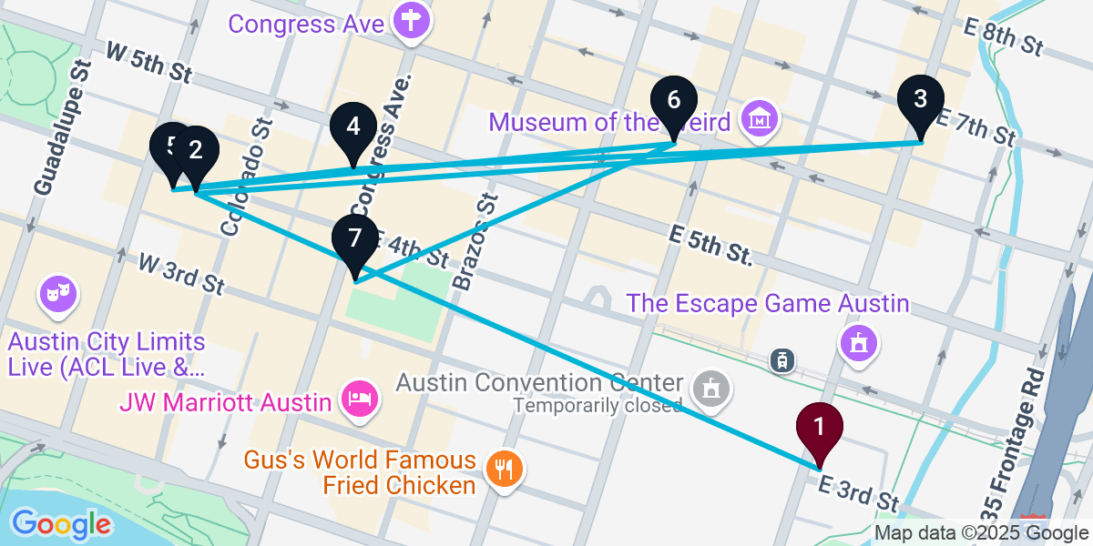 Map for 7-Stop Austin Nightclub Bar Crawl
