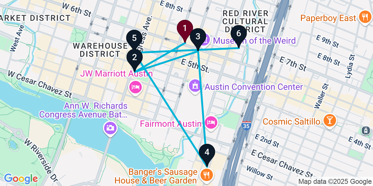 Map for 6-Stop Austin Cocktail Bar Crawl