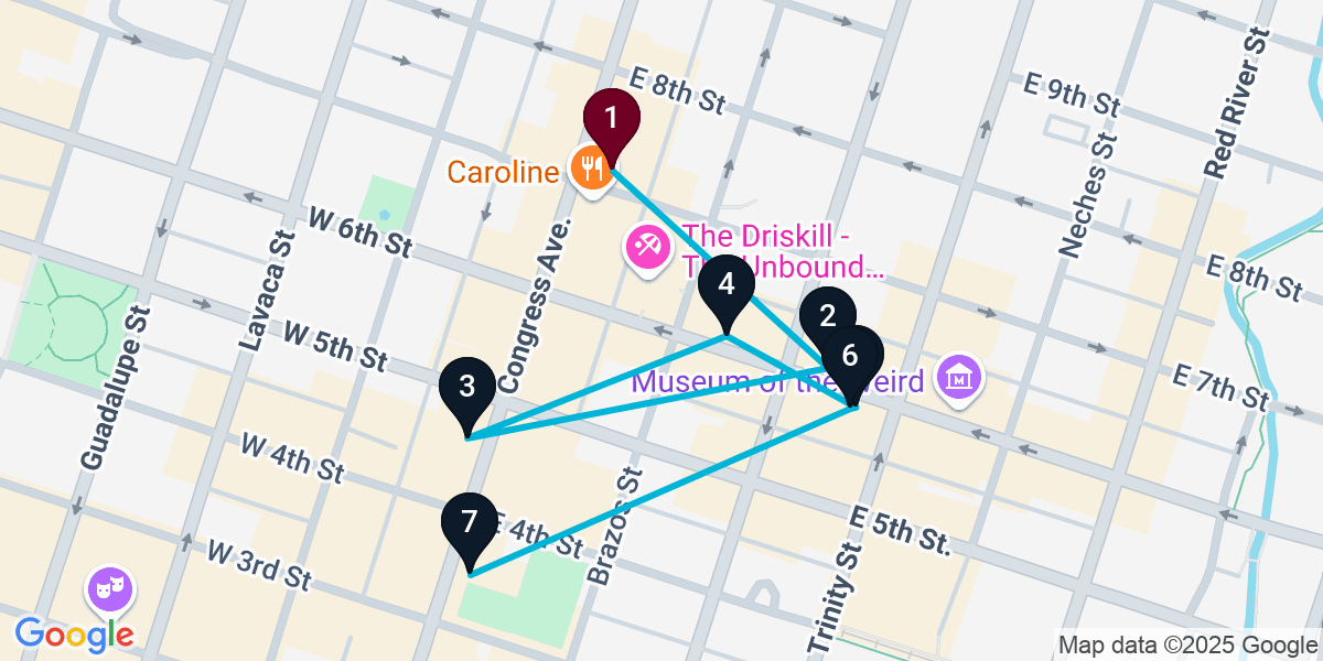 Map for 7-Stop Austin Live music Bar Crawl